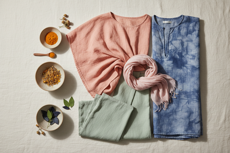 A bright, airy flat-lay photograph with a light cream or soft beige background that highlights natural-dye clothing. Several hand-dyed cotton and linen garments in pale, muted shades—such as light terracotta, soft sage green, gentle blush pink, and washed indigo—are arranged neatly. Around the clothes, small bowls contain natural dye materials like turmeric, marigold petals, and indigo leaves.