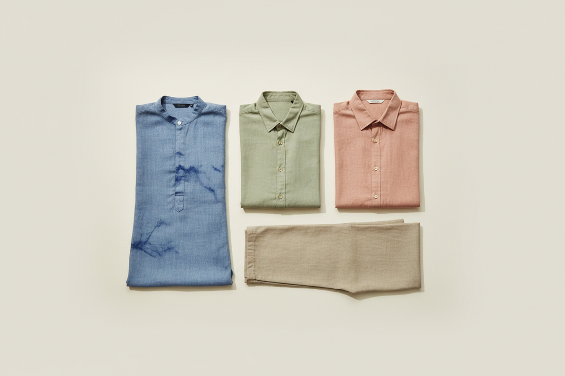 A bright, minimal flat-lay image displayed over a light beige or soft cream background, ensuring excellent contrast for black text. The arrangement features men’s naturally dyed apparel laid neatly and symmetrically.

Items include:

a light olive-green casual shirt,

a soft indigo-blue hand-dyed men’s kurta,

a pale terracotta half-sleeve shirt,

a muted sand-colored linen pant.. no text or sentence above the image also the iamge colour suitable to black coloutr text or sentence
