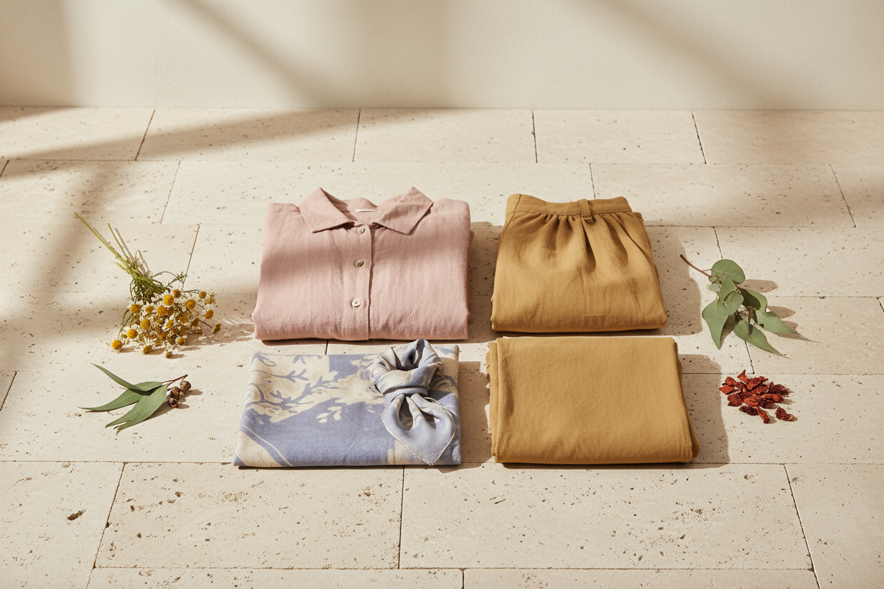 A bright, natural scene featuring neatly folded, naturally dyed garments placed on a light stone or sand-colored surface. Soft shadows and gentle sunlight create an airy, minimal mood. A few botanical elements—like dried flowers or fresh green leaves—rest nearby, subtly hinting at the natural dyeing process. The background remains light and uncluttered, ensuring black text stays clear and readable. no text on the iamge