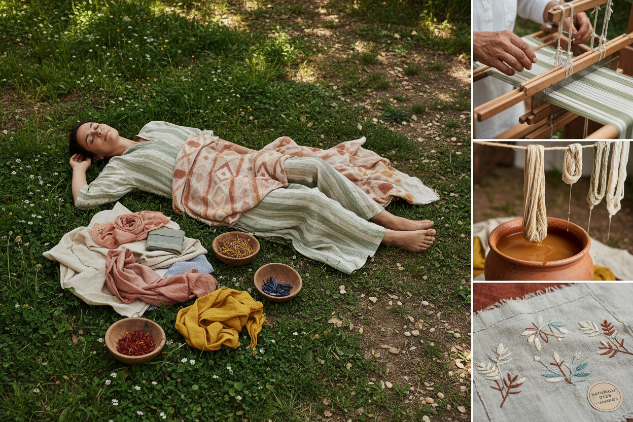 A calm, earthy layout showing a woman relaxing on green grass beside naturally dyed fabrics. On the right, close-up shots of handmade textile work highlight gentle, plant-based colours. The scene feels soft, safe, and natural — showing skin-friendly dyes, subtle earthy tones, and the hands of artisans who keep ancient craft traditions alive.