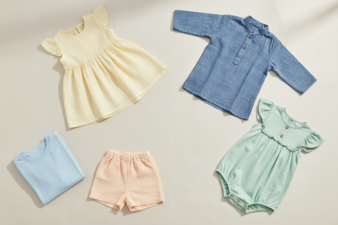 A cheerful, bright flat-lay image arranged on a soft cream or light pastel beige background, making it perfect for overlaying black text. The scene displays naturally dyed kids' clothing in playful, gentle colors.

Include:

a light pastel-yellow frock dyed with turmeric,

a soft sky-blue cotton t-shirt,

pale peach shorts,

a mint-green baby romper,

a washed-indigo kids kurta.

All colors stay light, soft, and pastel, keeping the overall image airy and child-friendly.

no text or sentence on the iam,ge
