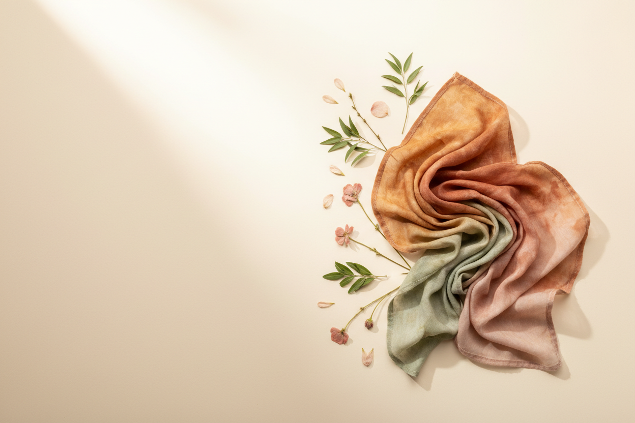 A clean, soft beige or off-white background with natural-dyed fabrics lightly arranged. Subtle leaves or petals placed around to show the natural process. The overall image is bright and minimal so black text stands out clearly.no text on the iamge