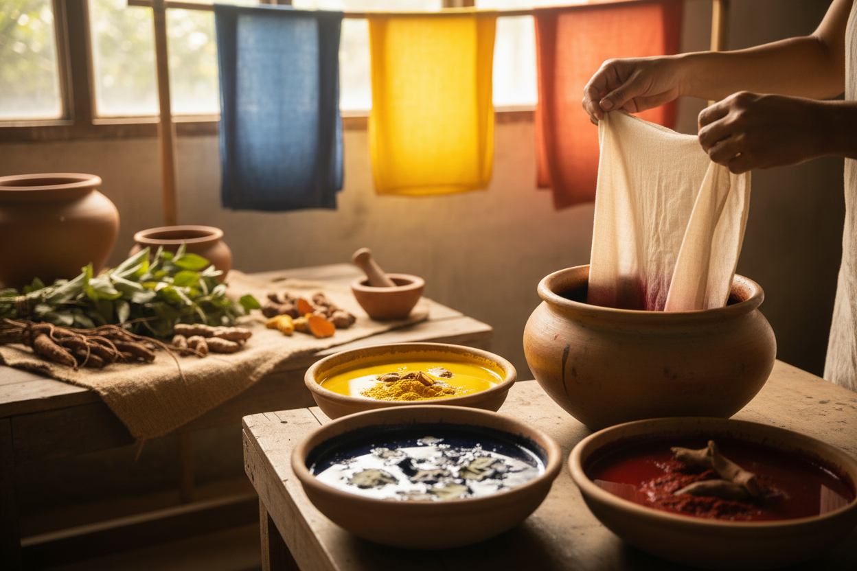 A serene scene showing hands working with natural dyes—indigo, turmeric, madder—alongside bowls of plant extracts. Natural fabrics soak in rich, organic colors. The composition looks artisanal, authentic, and rooted in traditional craft. the image should suotable for blck cilor text