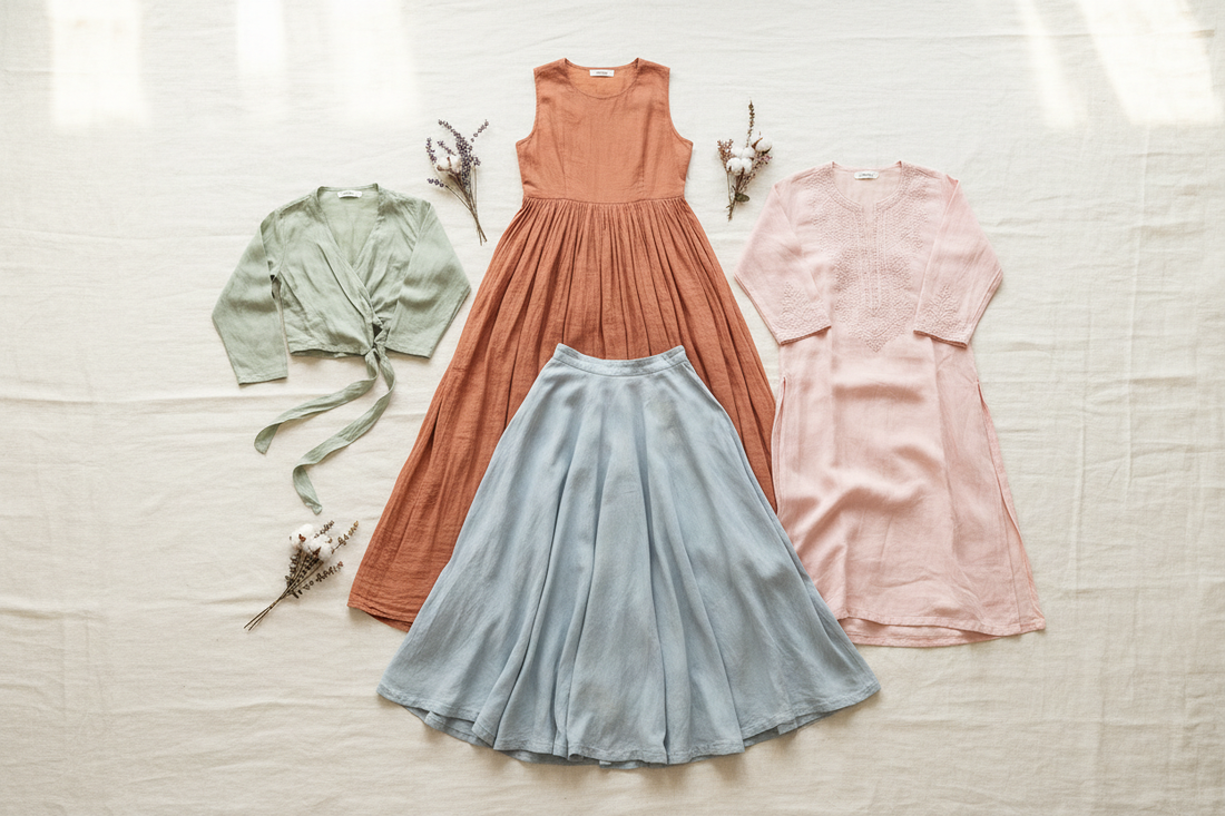 A soft, bright flat-lay image showcasing women’s wear made from naturally dyed fabrics. The background is a light cream or off-white linen cloth, giving a clean and airy look that supports strong black text.

On the background, neatly arranged women’s garments such as:

a flowing light terracotta maxi dress,

a soft sage-green wrap top,

a pale blush pink kurti,

a washed pastel-indigo skirt. no text or sentence above teh iamge
