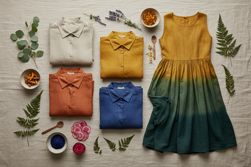 A soft, earthy-toned flat-lay arrangement displaying hand-dyed garments made with natural dyes. Neutral linen shirts and flowing cotton dresses in muted botanical colors—such as terracotta, turmeric yellow, indigo blue, and forest green—are neatly folded on a textured, beige fabric background. Fresh leaves, dried flowers, and small bowls filled with plant-based dye ingredients (like turmeric roots, indigo powder, beetroot slices, and marigold petals) are placed artistically around the clothes. Warm natural 