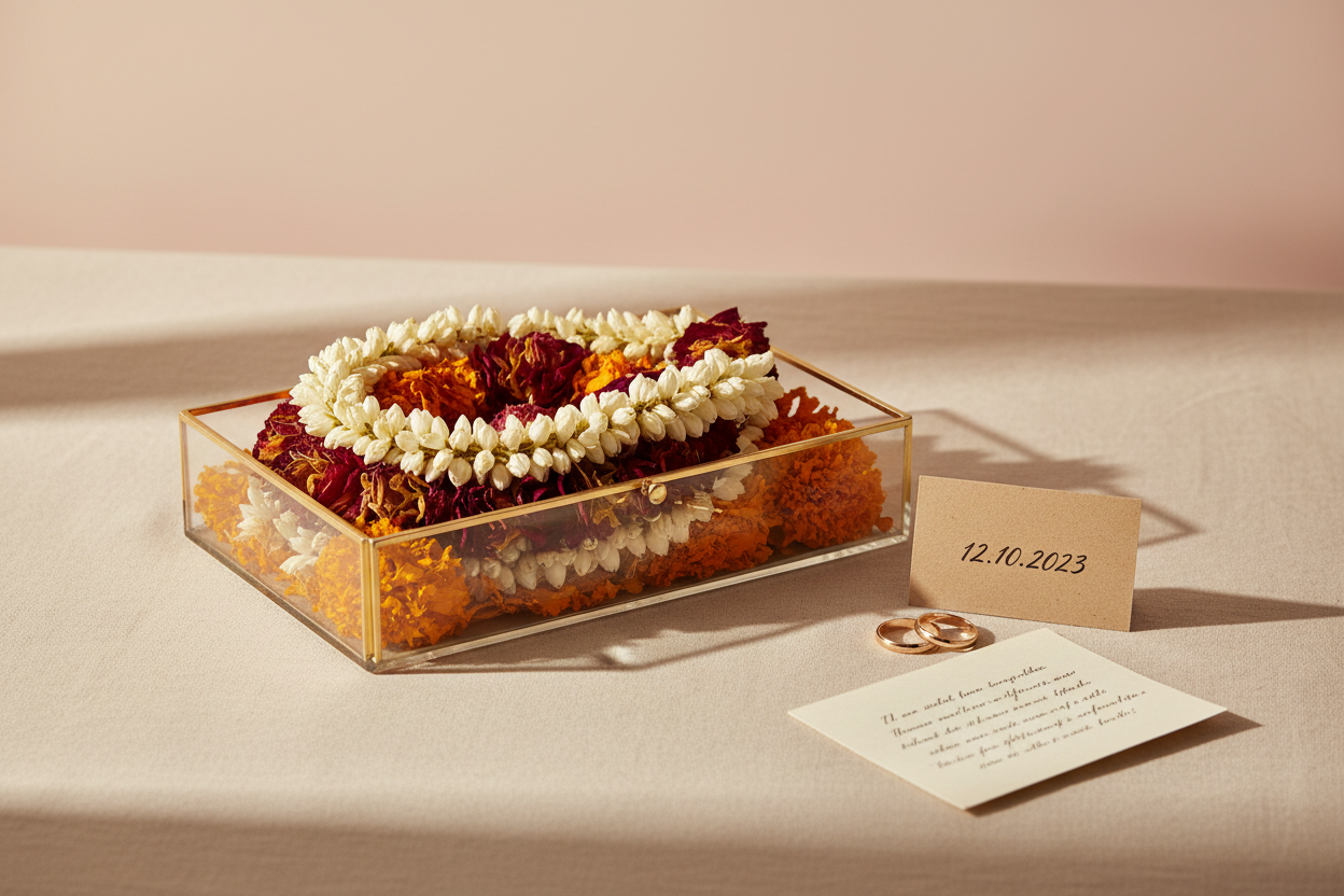A soft, elegant composition showing a beautifully preserved vivahamala (wedding garland) carefully arranged inside a transparent keepsake box. The garland—made of jasmine, roses, and marigold petals—appears dried but still vibrant, symbolizing cherished memories. The box rests on a clean, light beige or pastel background to keep the focus on the garland.

Beside the box, place small sentimental elements like the wedding date card, a pair of simple gold rings, or a handwritten note. Soft diffused lighting cr