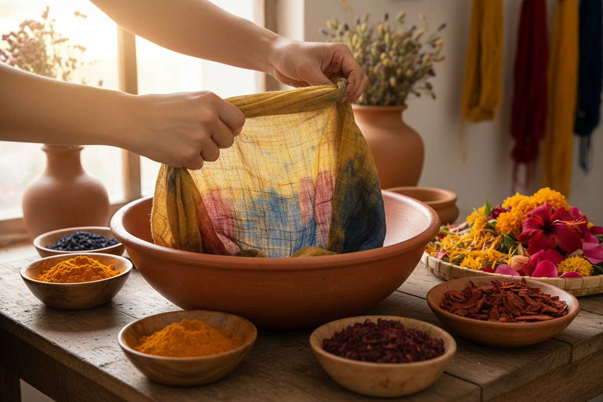 A warm, earthy scene showing hands dyeing fabric with natural colours. Bowls of turmeric, indigo, madder root, and flower petals surround the artisan. Sunlight hits the textured cloth, showing soft, uneven, handmade colour — organic, alive, and connected to nature. no text on iamge