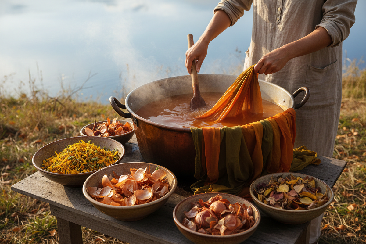 An artisan gently stirs a pot of botanical dyes outdoors — marigold petals, onion skins, and fallen leaves scattered around in bowls. The fabric soaks in warm, earthy colours as steam rises into the open sky. Everything feels slow, quiet, and intentional — a hand-dyeing ritual guided by nature, not machines. no text on image