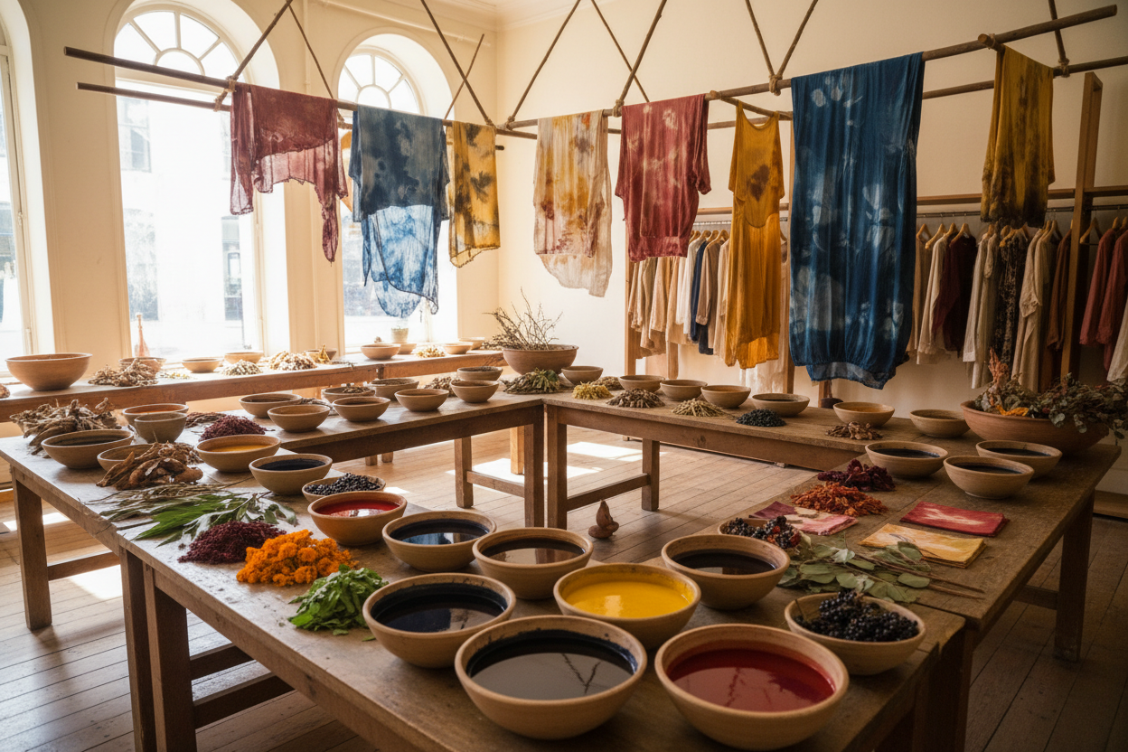 workshop image for the clothing store of natural dye. dont give text on iamge